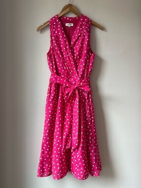 VTG Jones Studio Pink Polka Dot Faux Wrap Midi Dress Size 8